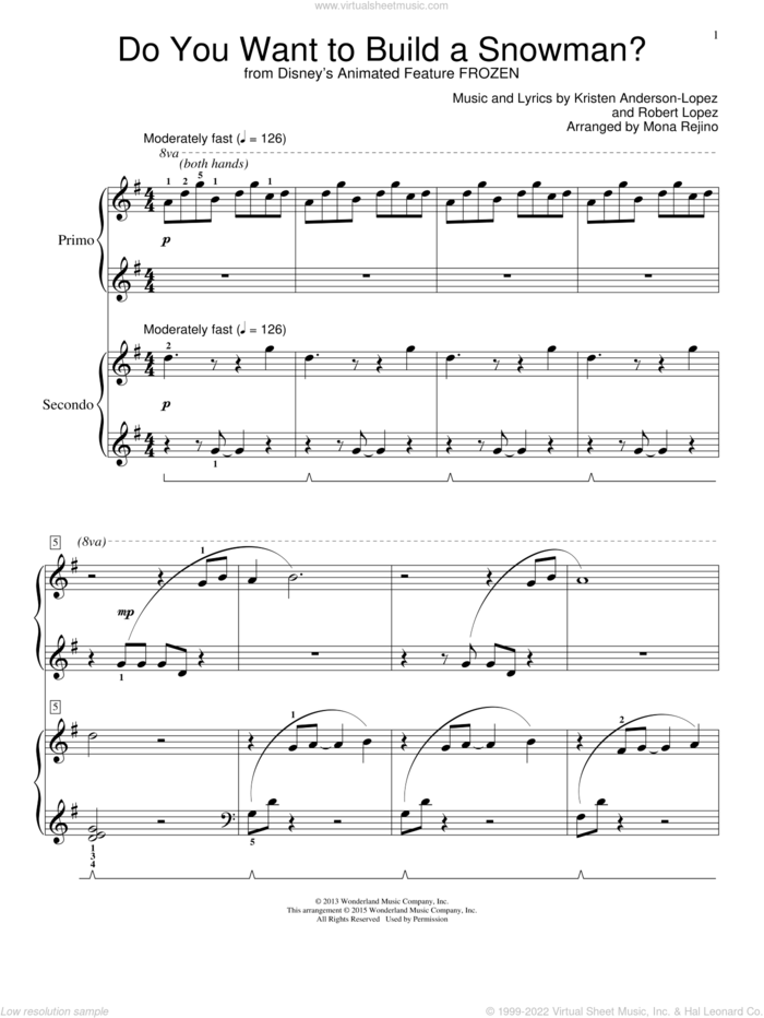 Do You Want To Build A Snowman? (from Frozen) (arr. Mona Rejino) sheet music for piano four hands by Kristen Bell, Agatha Lee Monn & Katie Lopez, Mona Rejino, Kristen Anderson-Lopez and Robert Lopez, intermediate skill level