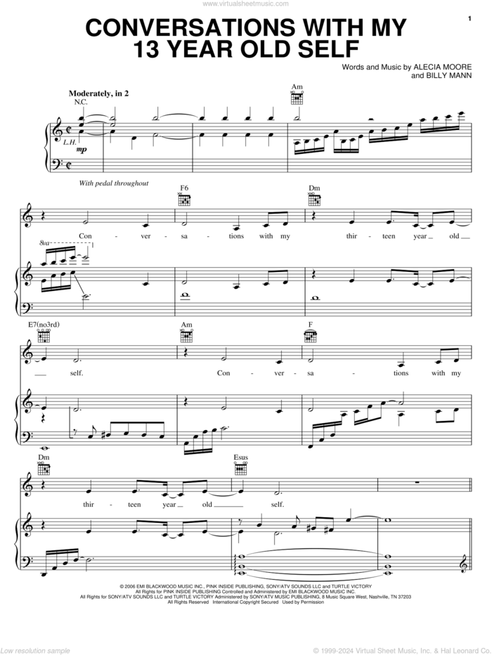 Conversations With My 13 Year Old Self sheet music for voice, piano or guitar by Billy Mann, Miscellaneous and Alecia Moore, intermediate skill level