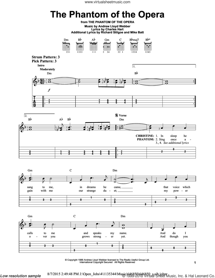 The Phantom Of The Opera sheet music for guitar solo (easy tablature) by Andrew Lloyd Webber, Charles Hart, Mike Batt and Richard Stilgoe, easy guitar (easy tablature)