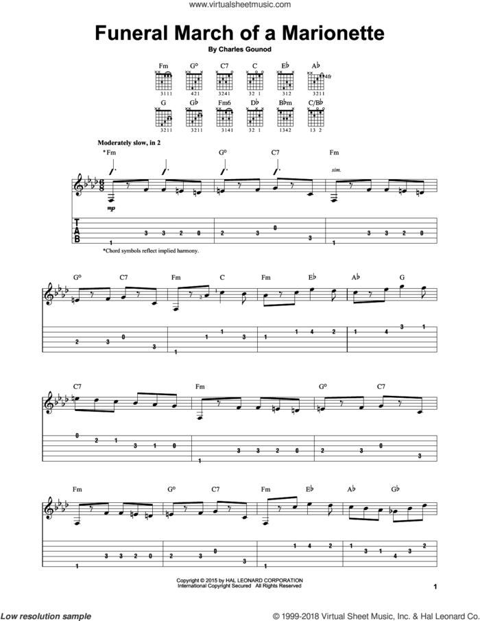 Funeral March Of A Marionette sheet music for guitar solo (easy tablature) by Charles Gounod, easy guitar (easy tablature)