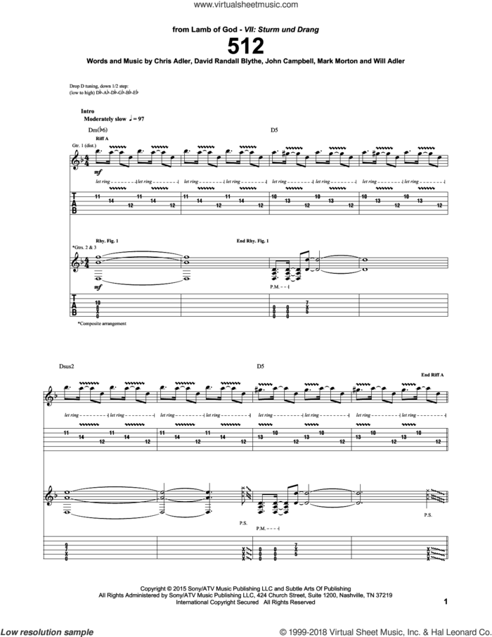 512 sheet music for guitar (tablature) by Lamb Of God, Chris Adler, David Randall Blythe, John Campbell, Mark Morton and Will Adler, intermediate skill level