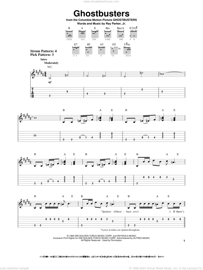 Ghostbusters sheet music for guitar solo (easy tablature) by Ray Parker Jr., easy guitar (easy tablature)