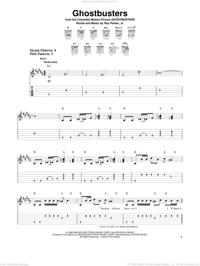 Ghostbusters sheet music for guitar solo (easy tablature) by Ray Parker Jr., easy guitar (easy tablature)