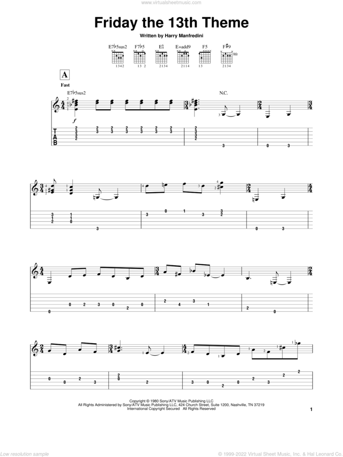 Friday The 13th Theme sheet music for guitar solo (easy tablature) by Harry Manfredini, easy guitar (easy tablature)