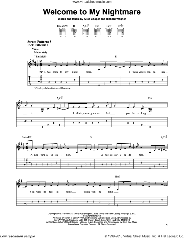 Welcome To My Nightmare sheet music for guitar solo (easy tablature) by Alice Cooper and Richard Wagner, easy guitar (easy tablature)