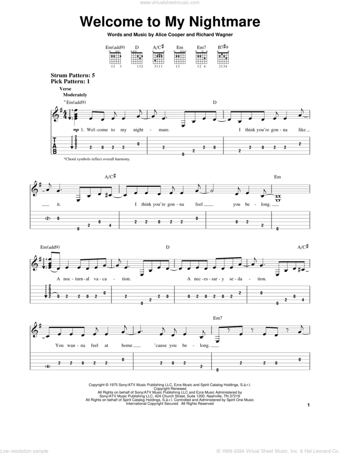 Welcome To My Nightmare sheet music for guitar solo (easy tablature) by Alice Cooper and Richard Wagner, easy guitar (easy tablature)