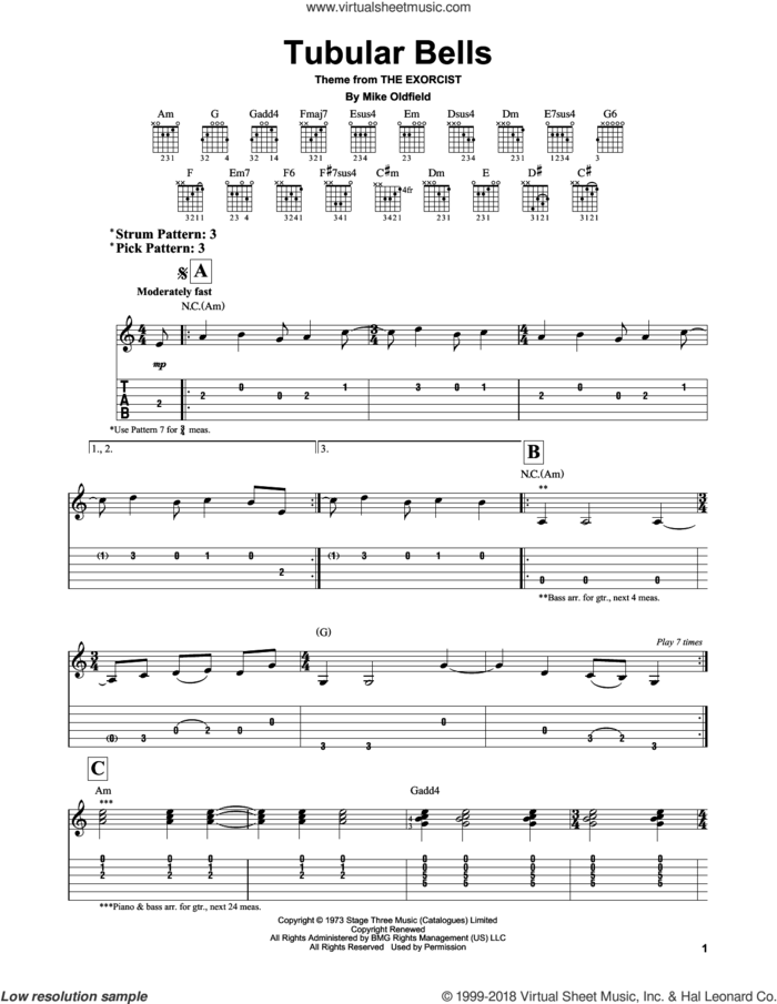 Tubular Bells sheet music for guitar solo (easy tablature) by Mike Oldfield, easy guitar (easy tablature)