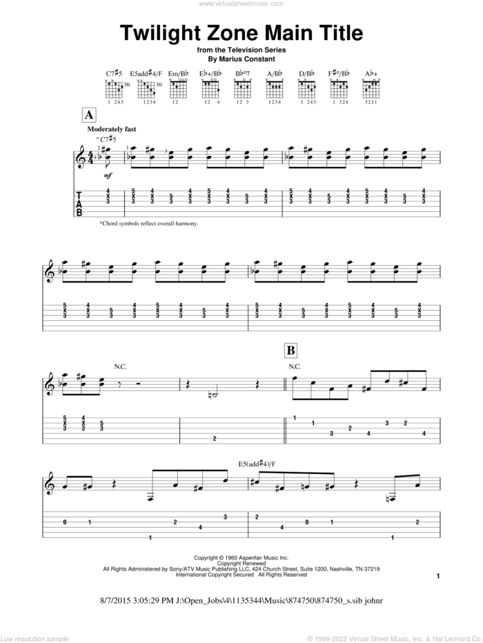 Twilight Zone Main Title sheet music for guitar solo (easy tablature) by Marius Constant, easy guitar (easy tablature)