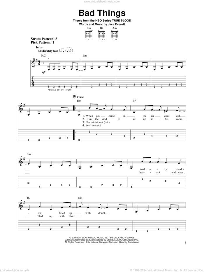 Bad Things sheet music for guitar solo (easy tablature) by Jace Everett, easy guitar (easy tablature)