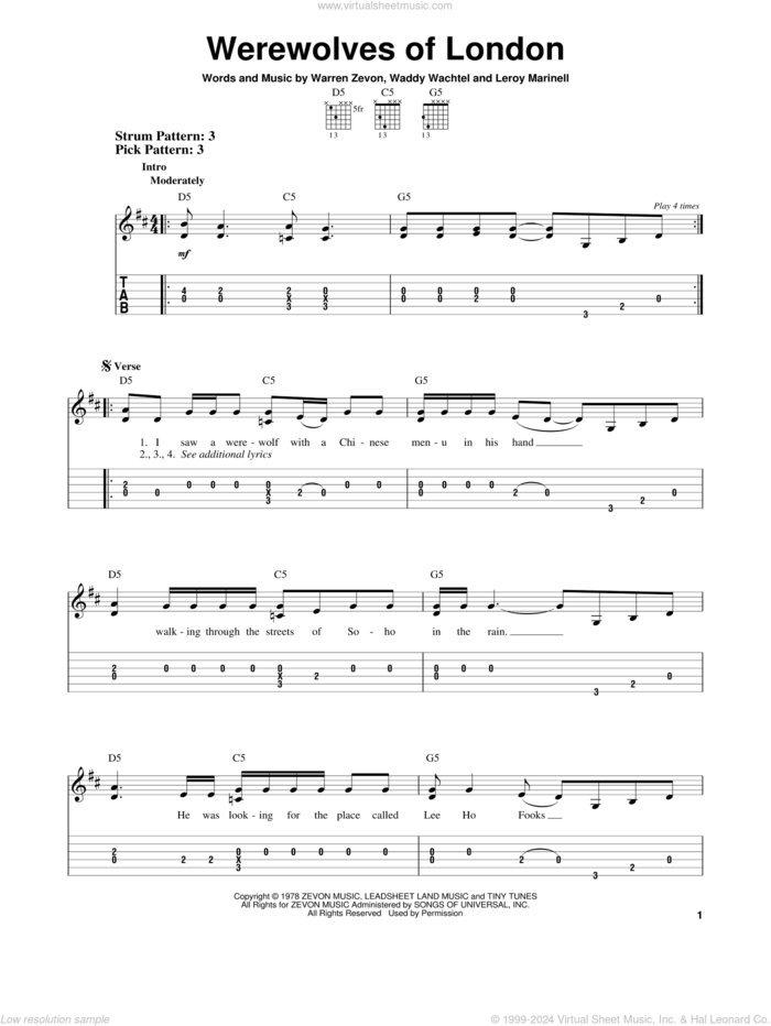 Werewolves Of London sheet music for guitar solo (easy tablature) by Warren Zevon, Leroy Marinell and Waddy Wachtel, easy guitar (easy tablature)