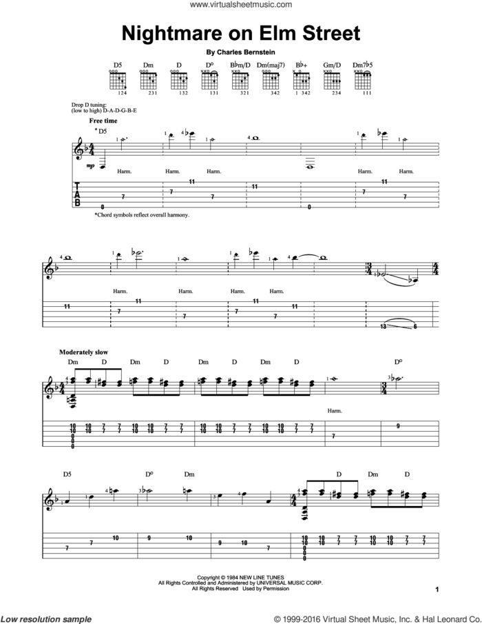 Nightmare On Elm Street sheet music for guitar solo (easy tablature) by Charles Bernstein, easy guitar (easy tablature)