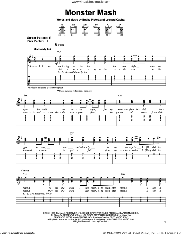Monster Mash sheet music for guitar solo (easy tablature) by Bobby 'Boris' Pickett, Bobby Pickett and Leonard Capizzi, easy guitar (easy tablature)