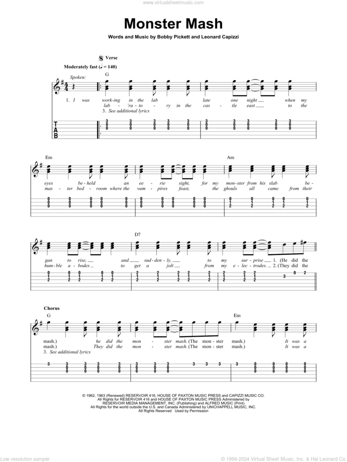 Monster Mash sheet music for guitar solo (easy tablature) by Bobby 'Boris' Pickett, Bobby Pickett and Leonard Capizzi, easy guitar (easy tablature)