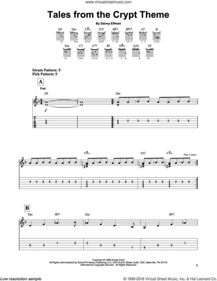 Tales From The Crypt Theme sheet music for guitar solo (easy tablature) by Danny Elfman, easy guitar (easy tablature)