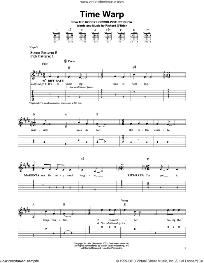 Time Warp sheet music for guitar solo (easy tablature) by Richard O'Brien, easy guitar (easy tablature)