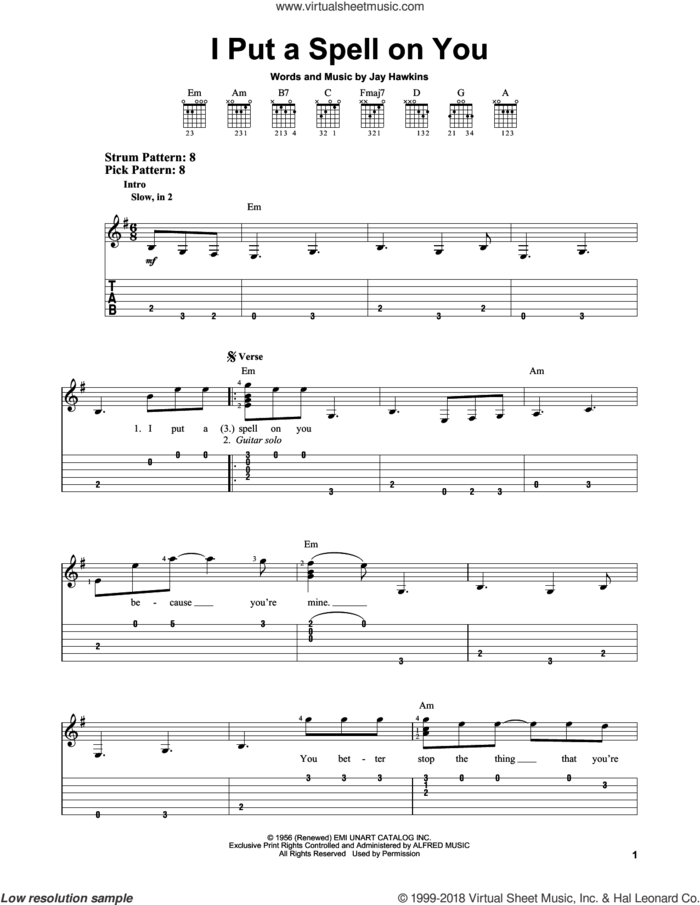 I Put A Spell On You sheet music for guitar solo (easy tablature) by Creedence Clearwater Revival and Jay Hawkins, easy guitar (easy tablature)