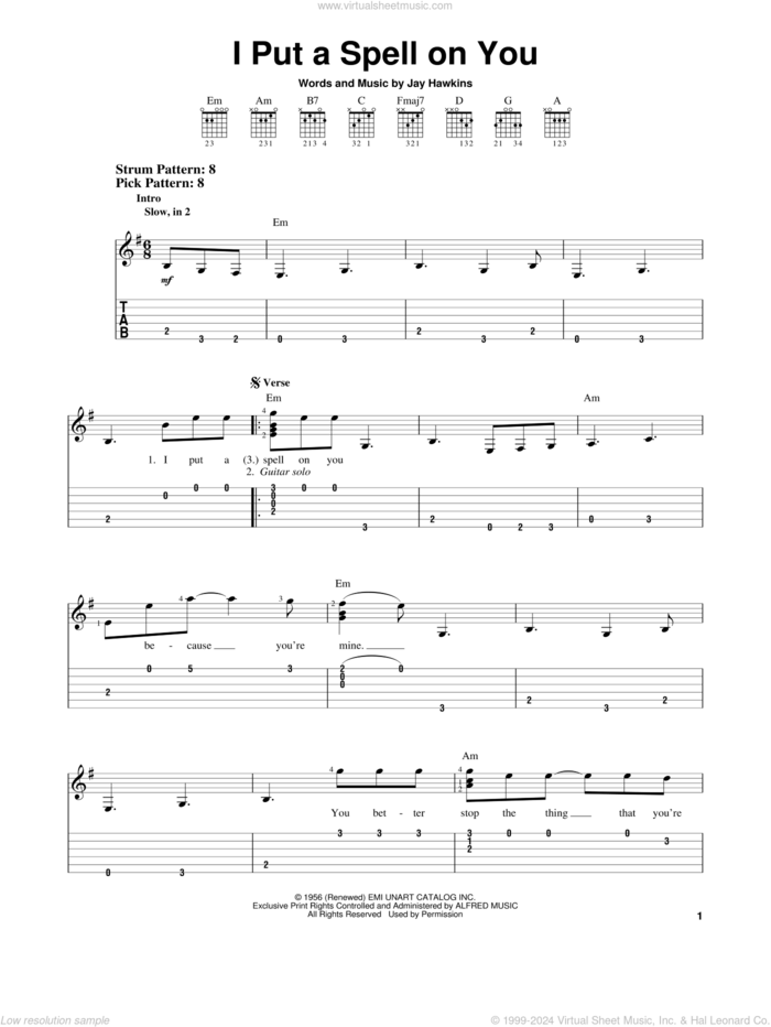 I Put A Spell On You sheet music for guitar solo (easy tablature) by Creedence Clearwater Revival and Jay Hawkins, easy guitar (easy tablature)