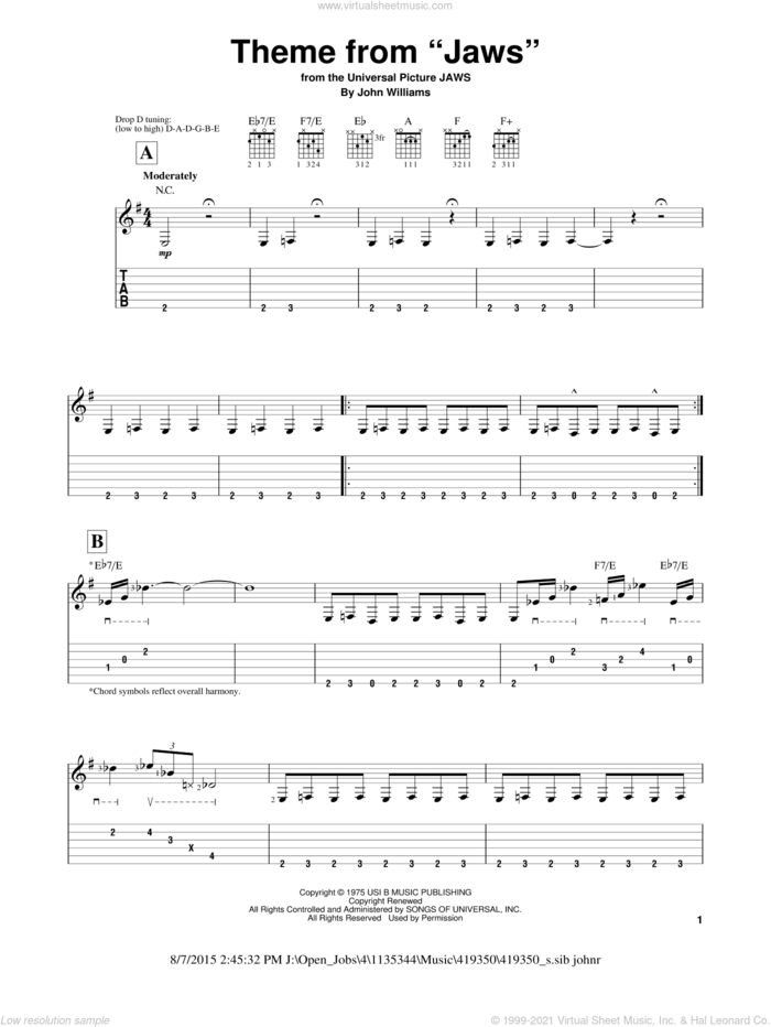 Theme from Jaws sheet music for guitar solo (easy tablature) by John Williams, easy guitar (easy tablature)