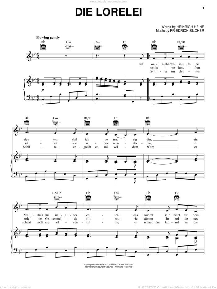 Die Lorelei sheet music for voice, piano or guitar by Heinrich Heine and Phillipp Friedrich Silcher, intermediate skill level