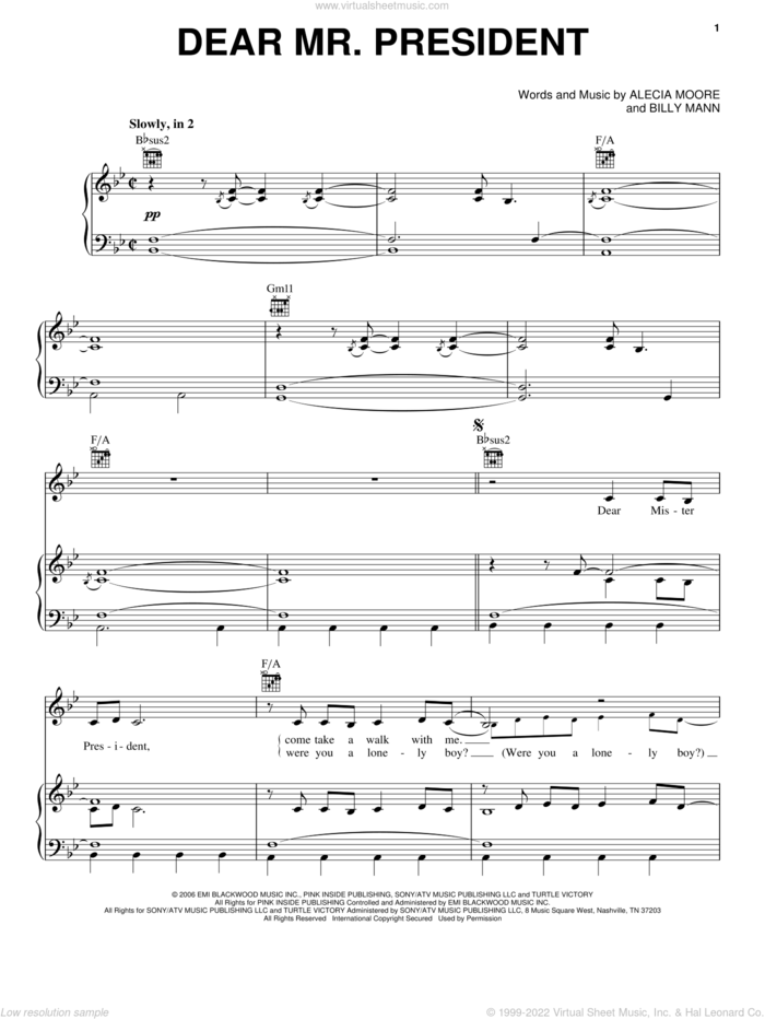 Dear Mr. President sheet music for voice, piano or guitar by Alecia Moore, Miscellaneous and Billy Mann, intermediate skill level
