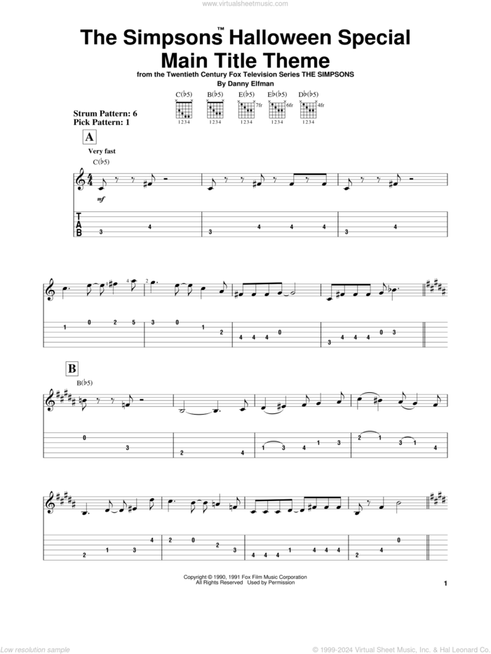 The Simpsons Halloween Special Main Title Theme sheet music for guitar solo (easy tablature) by Danny Elfman, easy guitar (easy tablature)