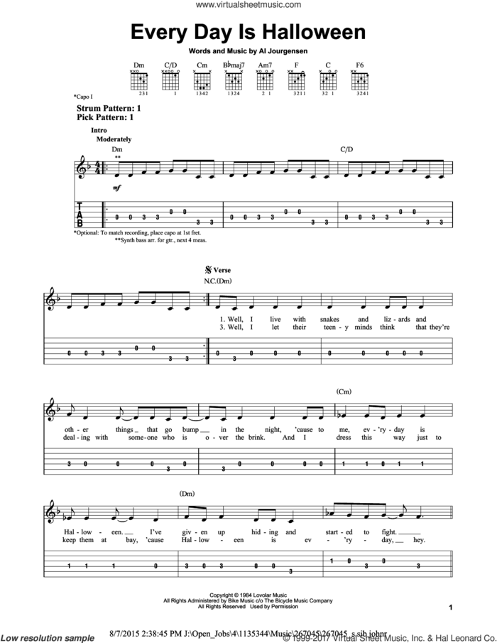 Every Day Is Halloween sheet music for guitar solo (easy tablature) by Ministry and Al Jourgensen, easy guitar (easy tablature)