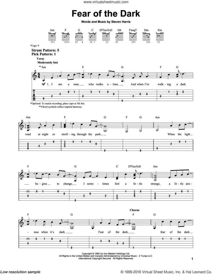 Fear Of The Dark sheet music for guitar solo (easy tablature) by Iron Maiden and Steve Harris, easy guitar (easy tablature)