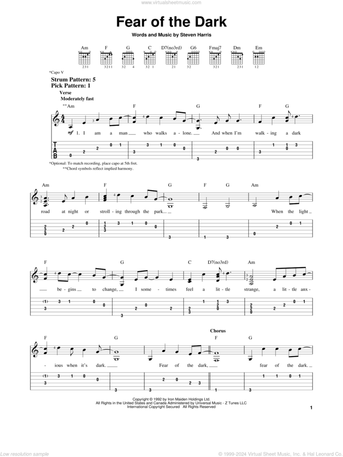 Fear Of The Dark sheet music for guitar solo (easy tablature) by Iron Maiden and Steve Harris, easy guitar (easy tablature)