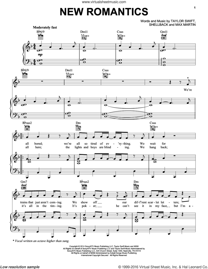 New Romantics sheet music for voice, piano or guitar by Taylor Swift, Max Martin and Shellback, intermediate skill level
