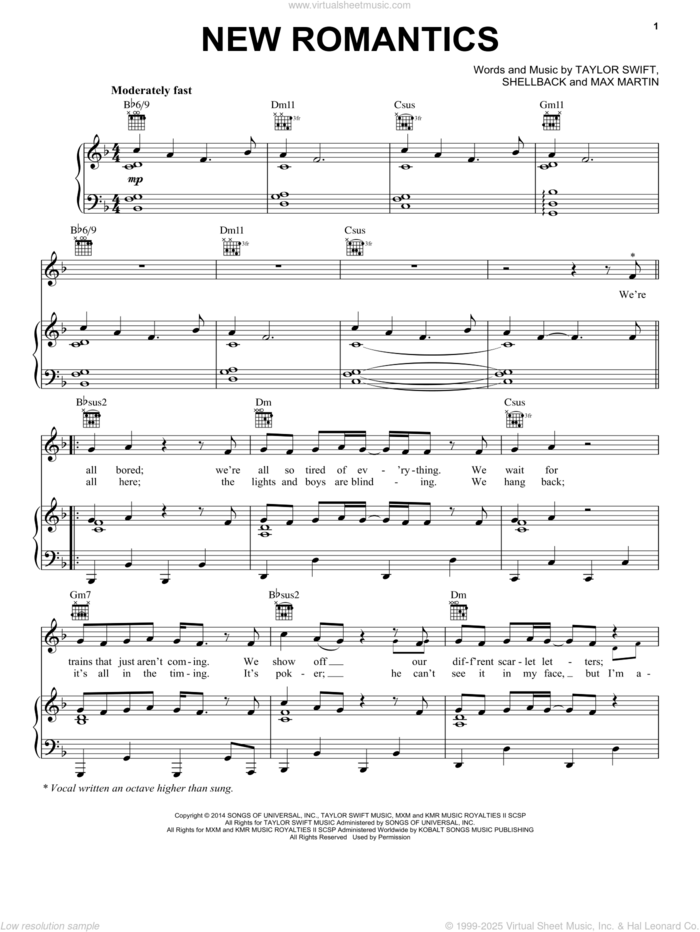 New Romantics sheet music for voice, piano or guitar by Taylor Swift, Max Martin and Shellback, intermediate skill level