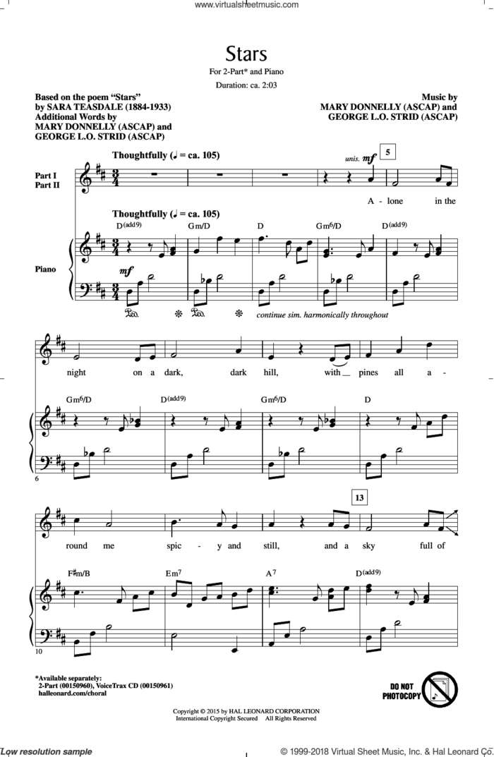 Stars sheet music for choir (2-Part) by George L.O. Strid, Mary Donnelly and Sara Teasdale, intermediate duet