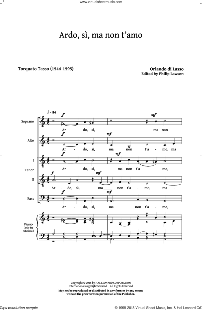 Ardo, Si, Ma Non T'Amo sheet music for choir (SATB: soprano, alto, tenor, bass) by Orlando di Lasso and Philip Lawson, intermediate skill level