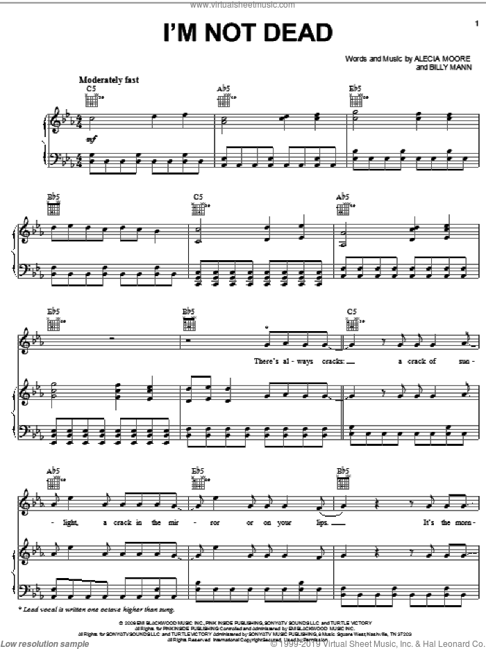 I'm Not Dead sheet music for voice, piano or guitar by Billy Mann, Miscellaneous and Alecia Moore, intermediate skill level