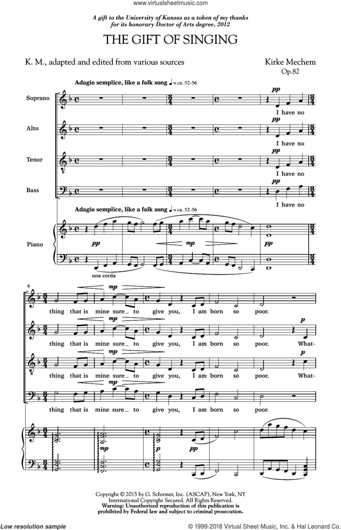 Gift Of Singing sheet music for choir (SATB: soprano, alto, tenor, bass) by Kirke Mechem, intermediate skill level