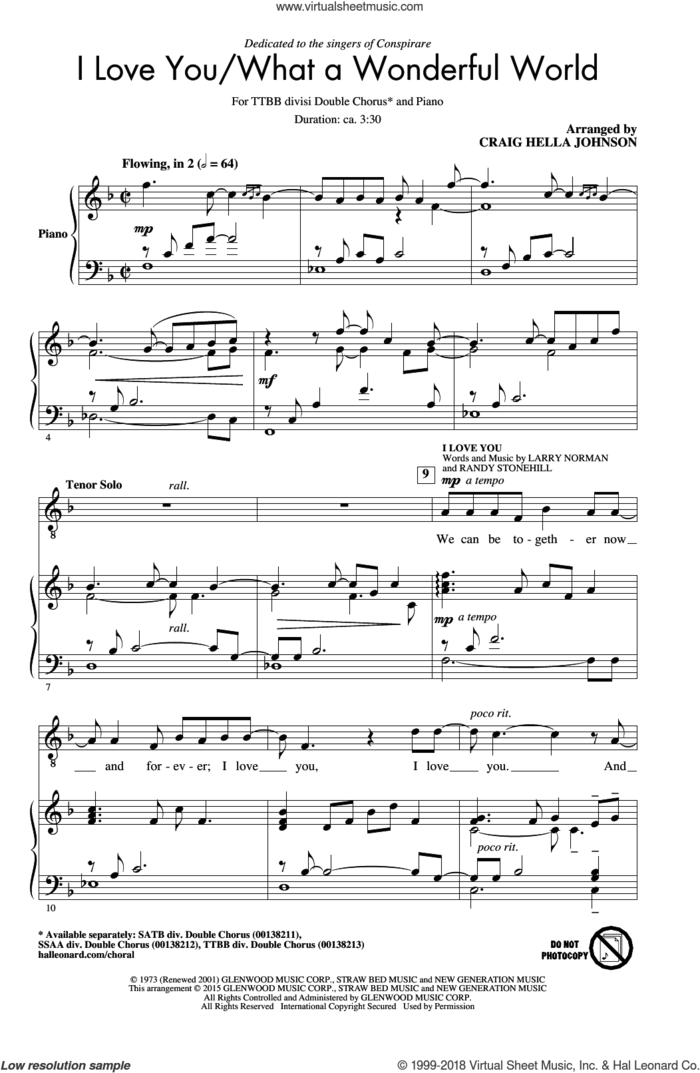I Love You / What A Wonderful World sheet music for choir (TTBB: tenor, bass) by Larry Norman, Craig Hella Johnson, Conspirare and Randy Stonehill, intermediate skill level