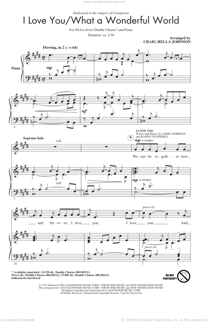 I Love You / What A Wonderful World sheet music for choir (SSA: soprano, alto) by Larry Norman, Craig Hella Johnson, Conspirare and Randy Stonehill, intermediate skill level