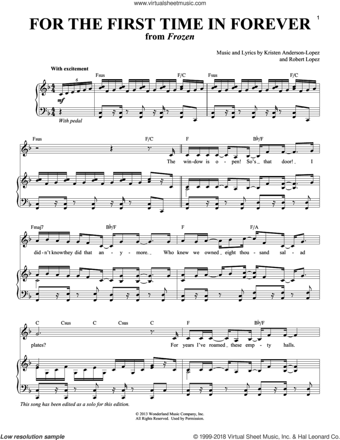For The First Time In Forever (from Frozen) sheet music for voice and piano by Kristen Bell, Idina Menzel, Kristen Anderson-Lopez and Robert Lopez, intermediate skill level