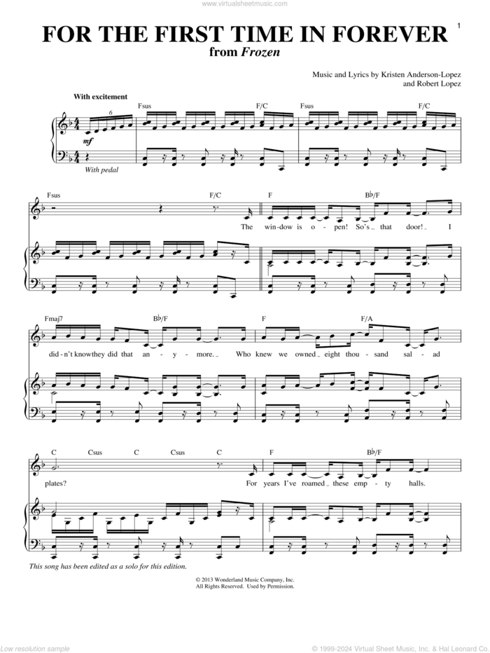 For The First Time In Forever (from Frozen) sheet music for voice and piano by Kristen Bell, Idina Menzel, Kristen Anderson-Lopez and Robert Lopez, intermediate skill level