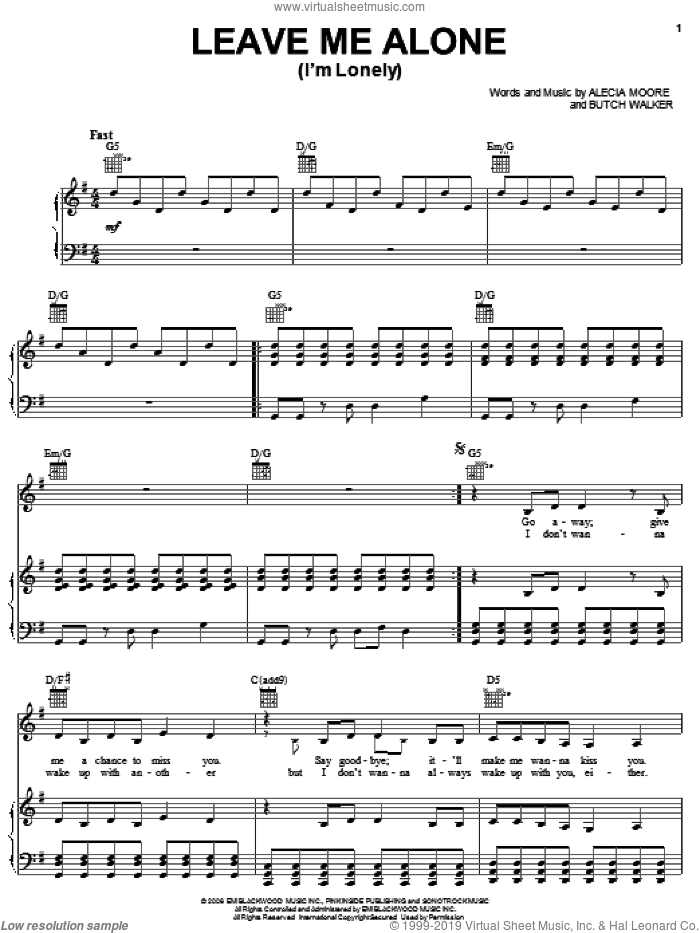 Leave Me Alone (I'm Lonely) sheet music for voice, piano or guitar by Alecia Moore, Miscellaneous and Butch Walker, intermediate skill level