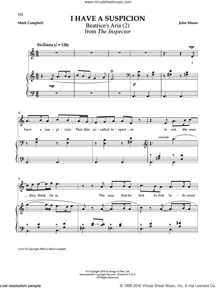 I Have A Suspicion sheet music for voice and piano by Mark Campbell and John Musto, classical score, intermediate skill level