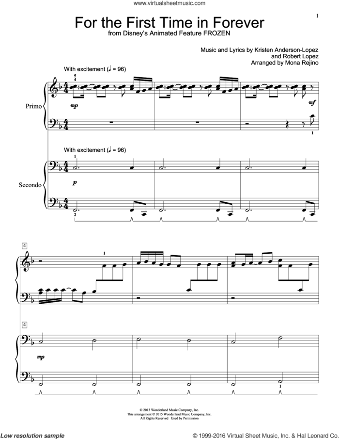 For The First Time In Forever (from Frozen) (arr. Mona Rejino) sheet music for piano four hands by Kristen Bell, Idina Menzel, Mona Rejino, Kristen Anderson-Lopez and Robert Lopez, intermediate skill level