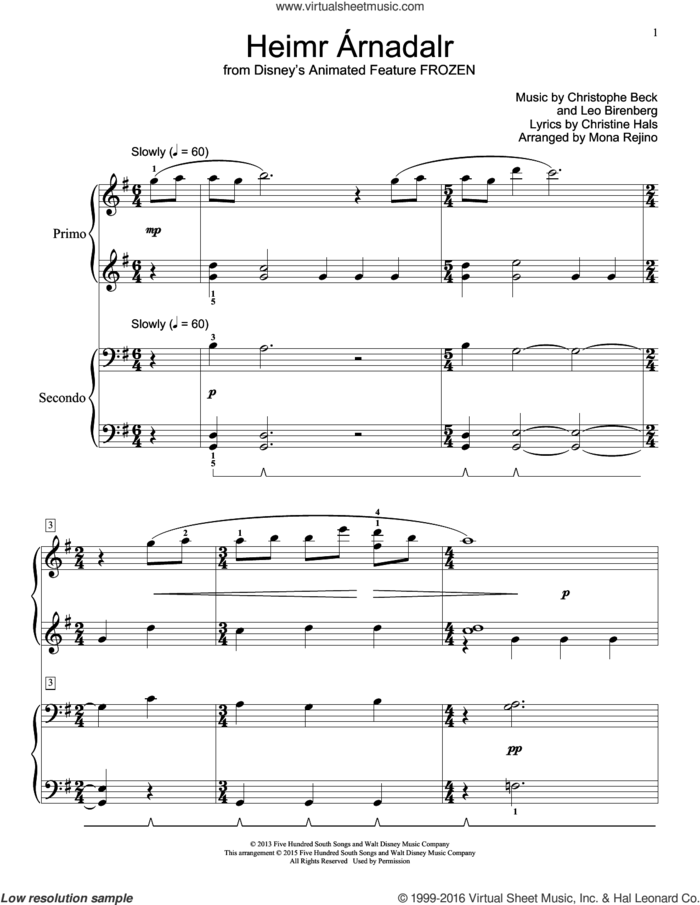 Heimr Arnadalr (from Disney's Frozen) (arr. Mona Rejino) sheet music for piano four hands by Christine Hals, Mona Rejino, Christophe Beck and Leo Birenberg, intermediate skill level