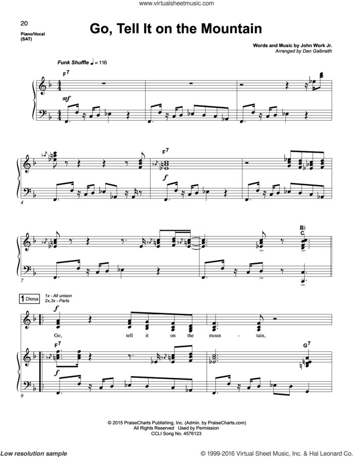 Go, Tell It On The Mountain sheet music for voice and piano by Dan Galbraith and John Work Jr., intermediate skill level