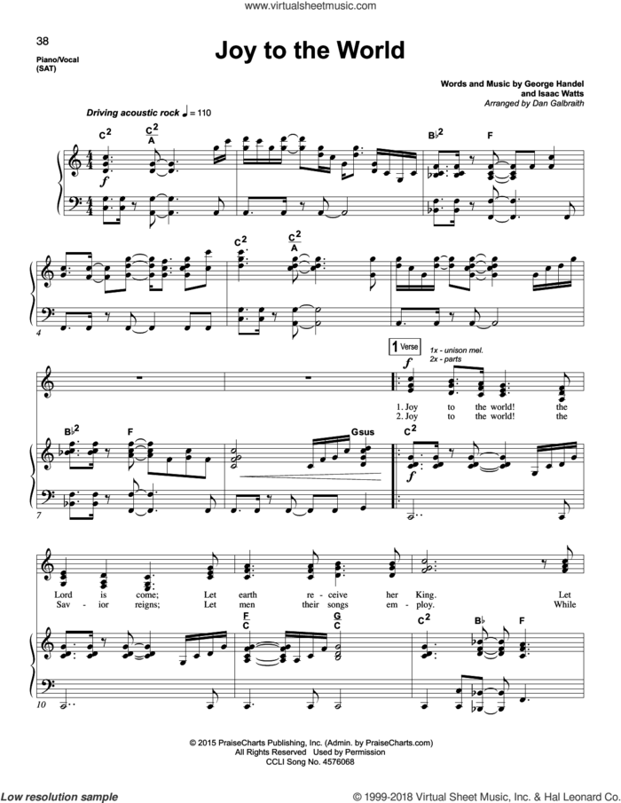 Joy To The World sheet music for voice and piano by Isaac Watts, Dan Galbraith and George Handel, intermediate skill level