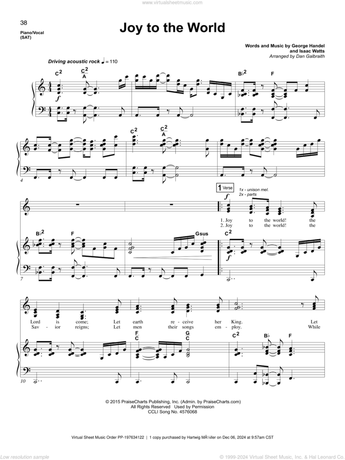 Joy To The World sheet music for voice and piano by Isaac Watts, Dan Galbraith and George Handel, intermediate skill level