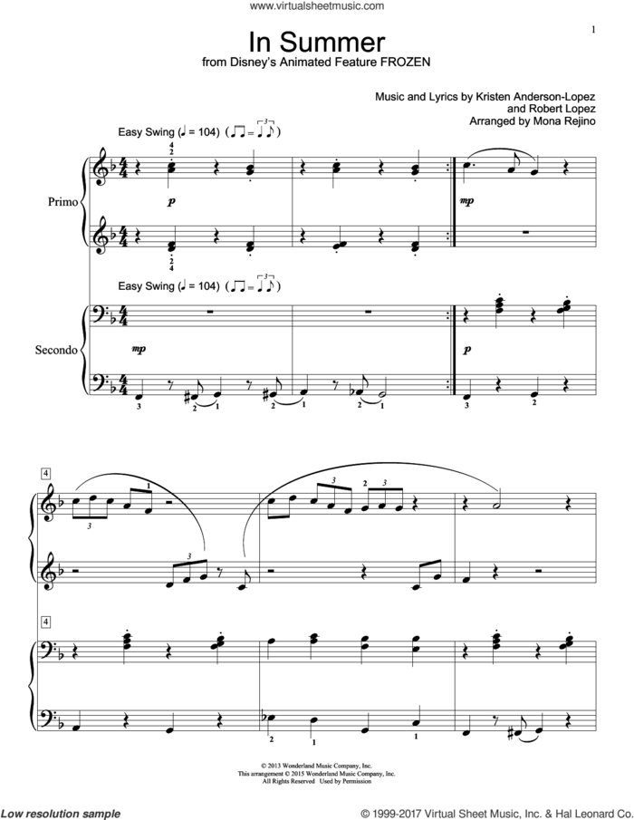 In Summer (from Frozen) (arr. Mona Rejino) sheet music for piano four hands by Josh Gad, Mona Rejino, Kristen Anderson-Lopez and Robert Lopez, intermediate skill level