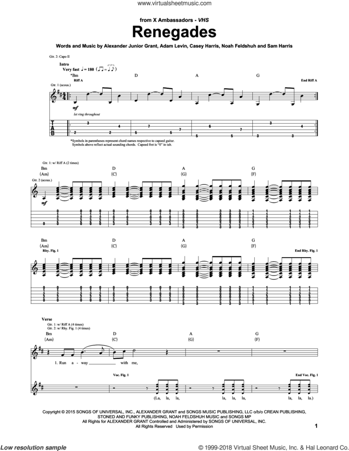 Renegades sheet music for guitar (tablature) by X Ambassadors, Adam Levin, Alexander Junior Grant, Casey Harris, Noah Feldshuh and Samuel Harris, intermediate skill level