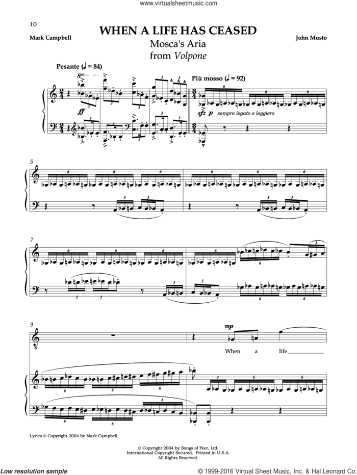 When A Life Has Ceased sheet music for voice and piano by John Musto and Mark Campbell, classical score, intermediate skill level
