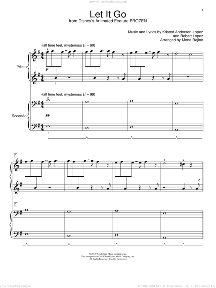 Let It Go (from Frozen) sheet music for piano four hands by Idina Menzel, Kristen Anderson-Lopez and Robert Lopez, intermediate skill level