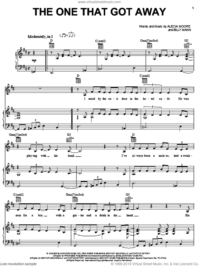 The One That Got Away sheet music for voice, piano or guitar by Billy Mann, Miscellaneous and Alecia Moore, intermediate skill level